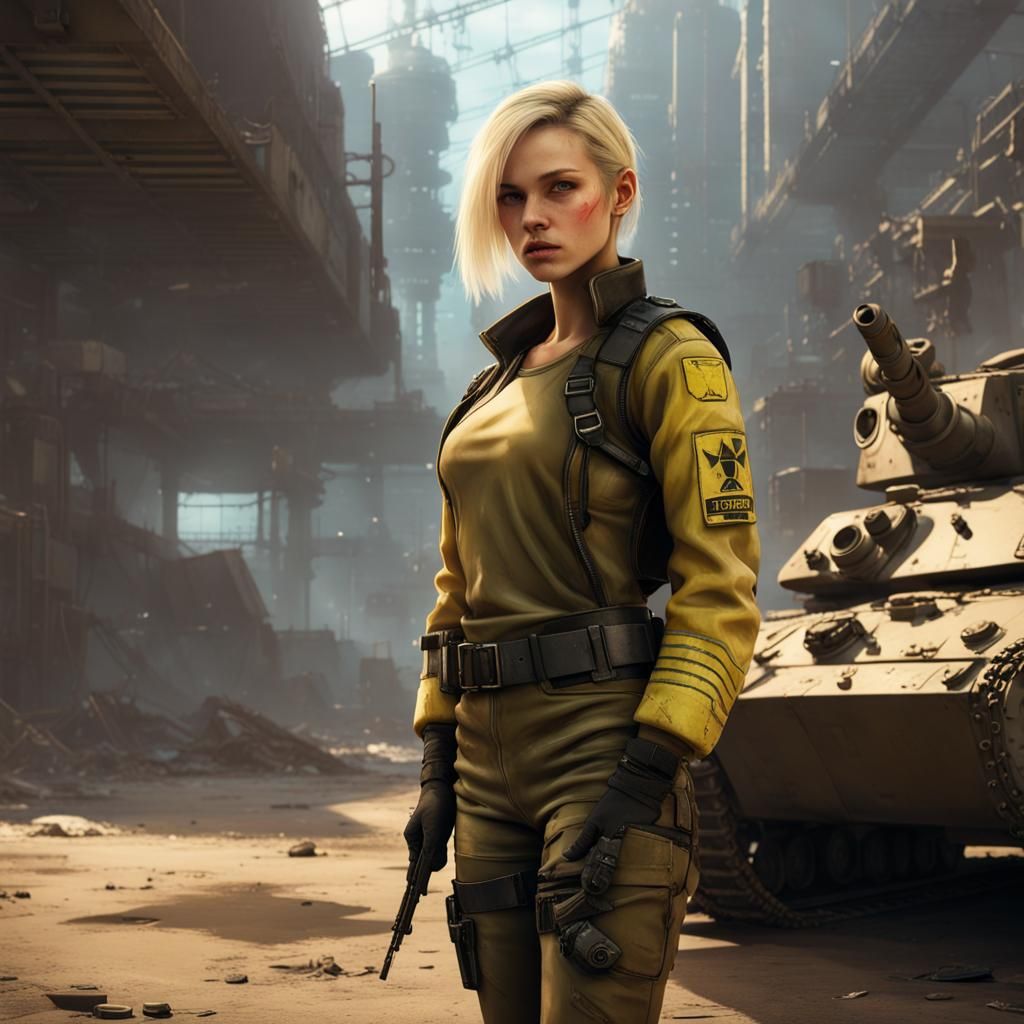City wasteland a desolate in abandoned Military base upon a tank we see a beautiful young lady wearing her old army unif...