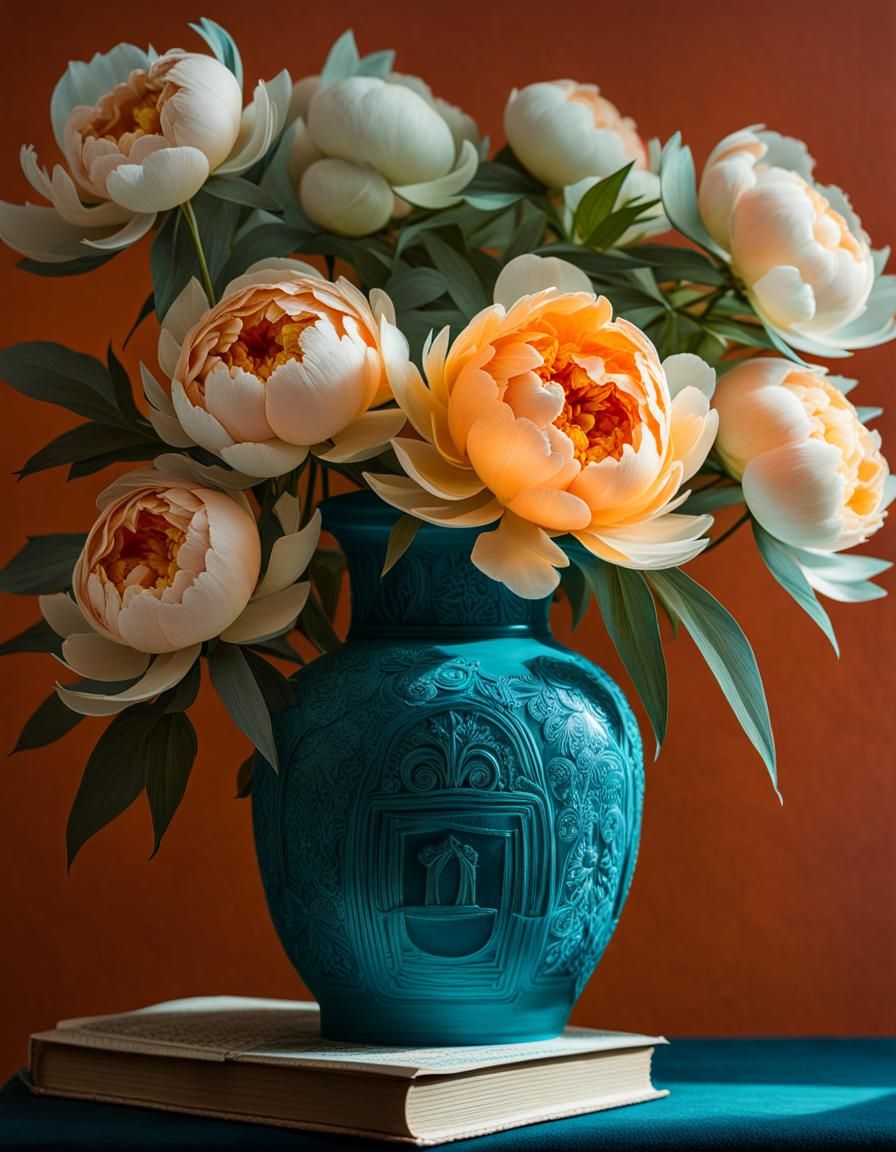 Psychedelic Peonies in Teal Vase Diorama