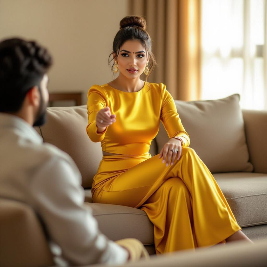 Indian Woman in Yellow Skirt Lecturing Nephew