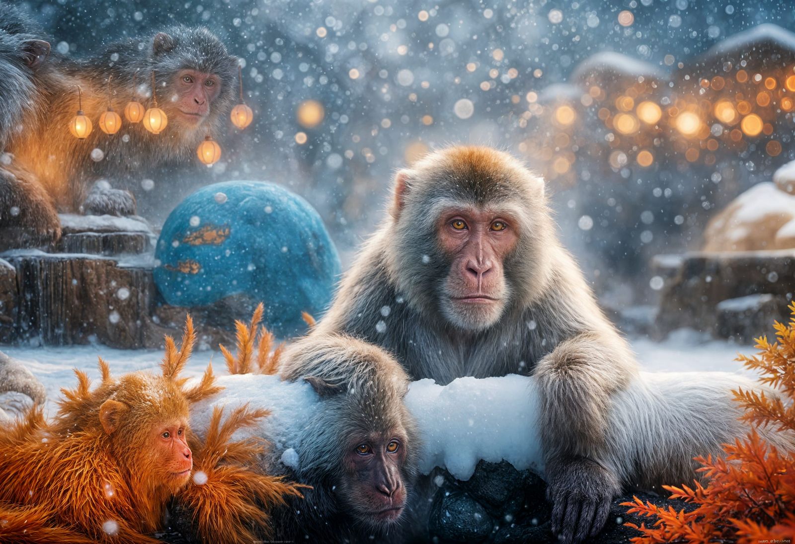 Hyperrealistic Japanese Macaque in Snowy Hot Springs