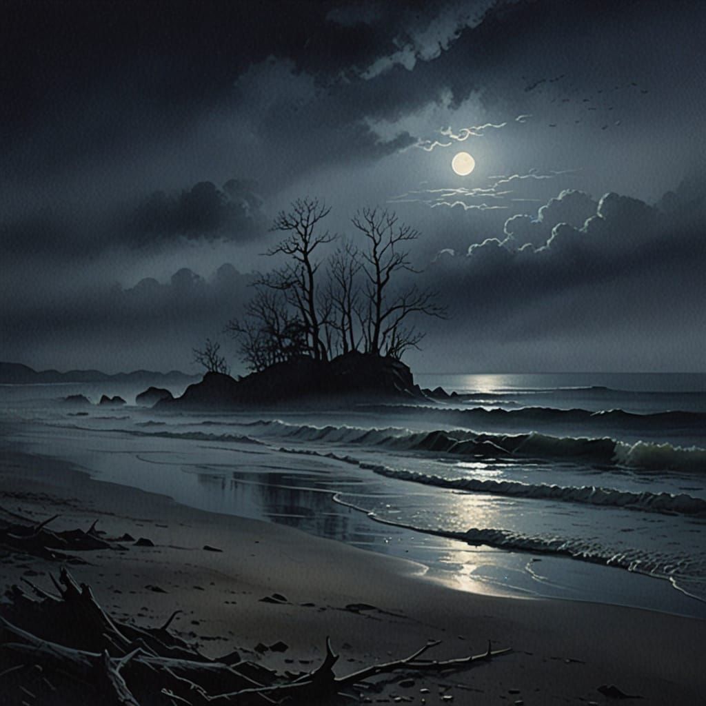 Ethereal Moonlit Beach in a Dreamy Watercolor Style