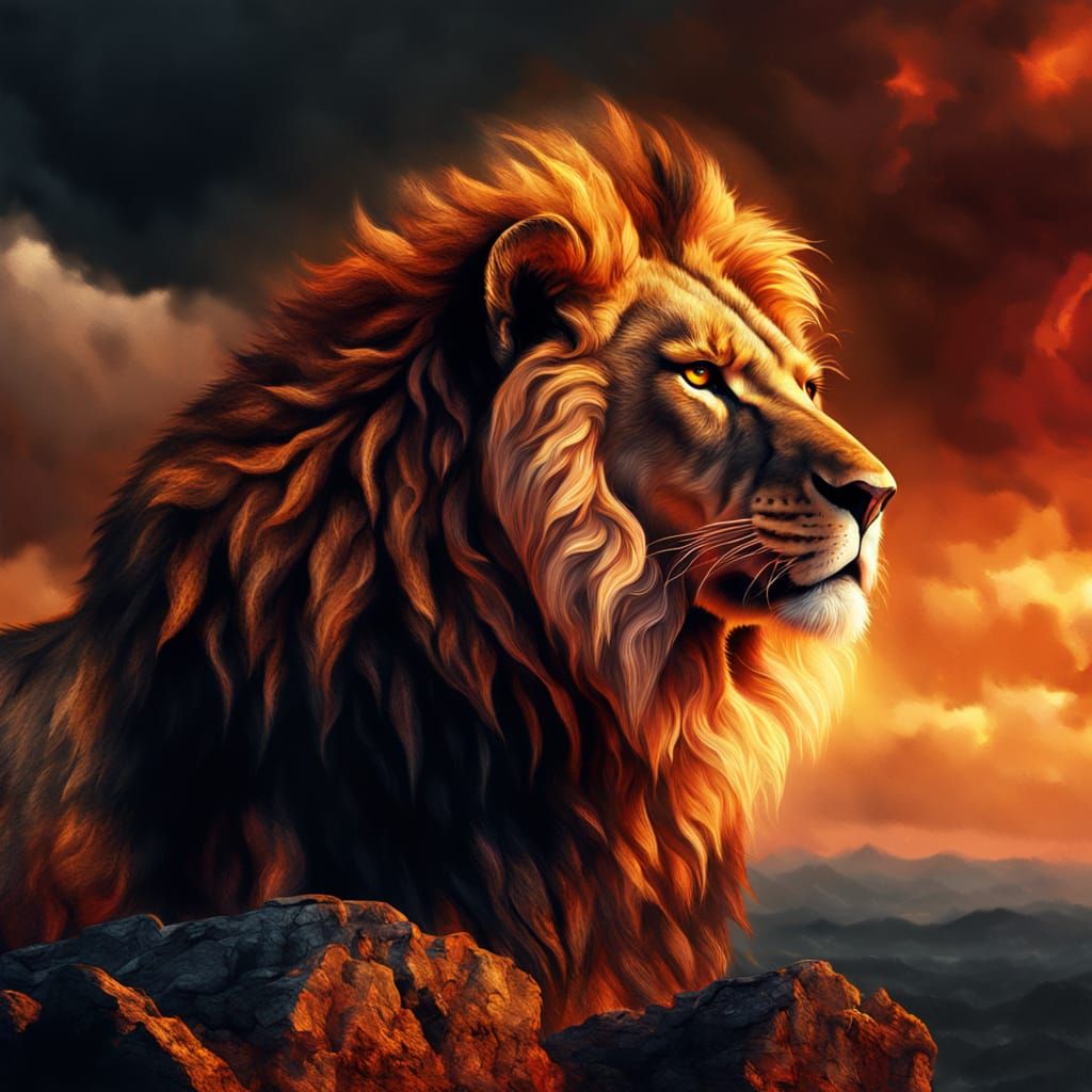 Fiery Lion on a Cliff in Hyperrealistic Style