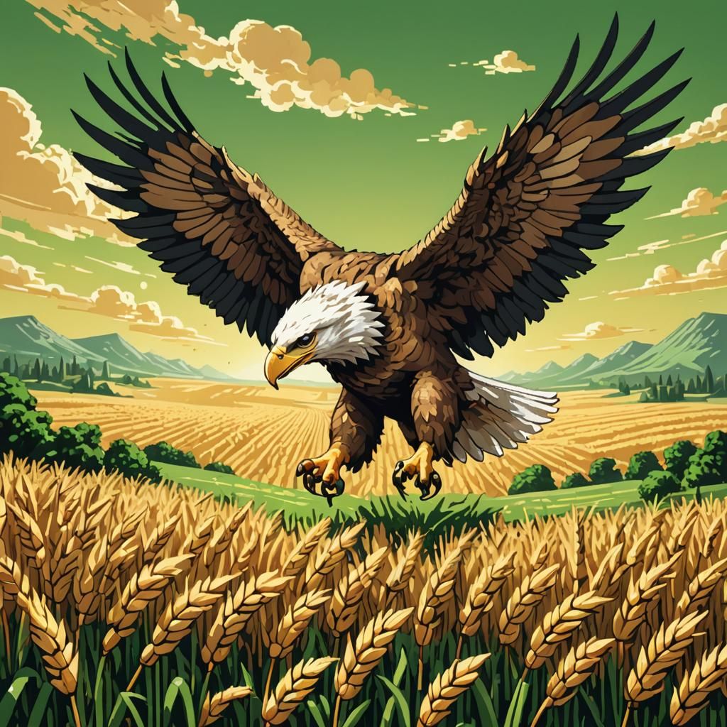 Eagle Soaring Over Wheat Field in Pixel Art
