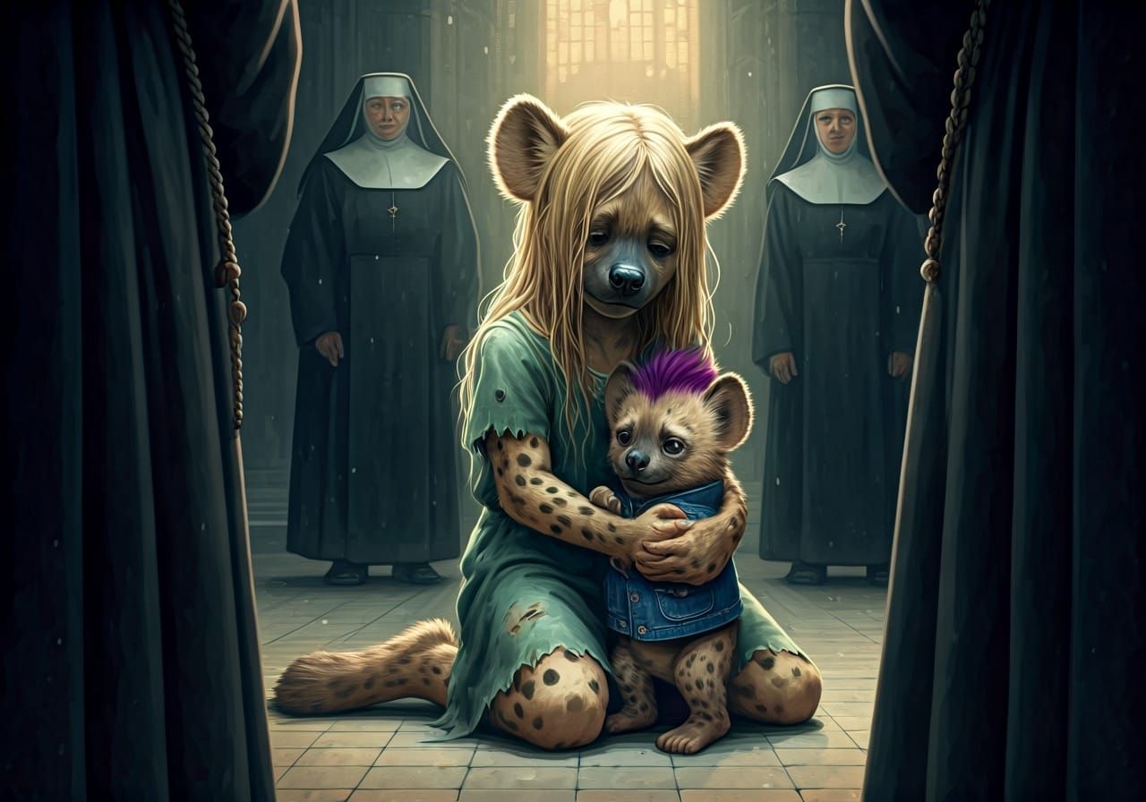 Compassionate Nuns Comforting Hyena Children: Watercolor Sty...