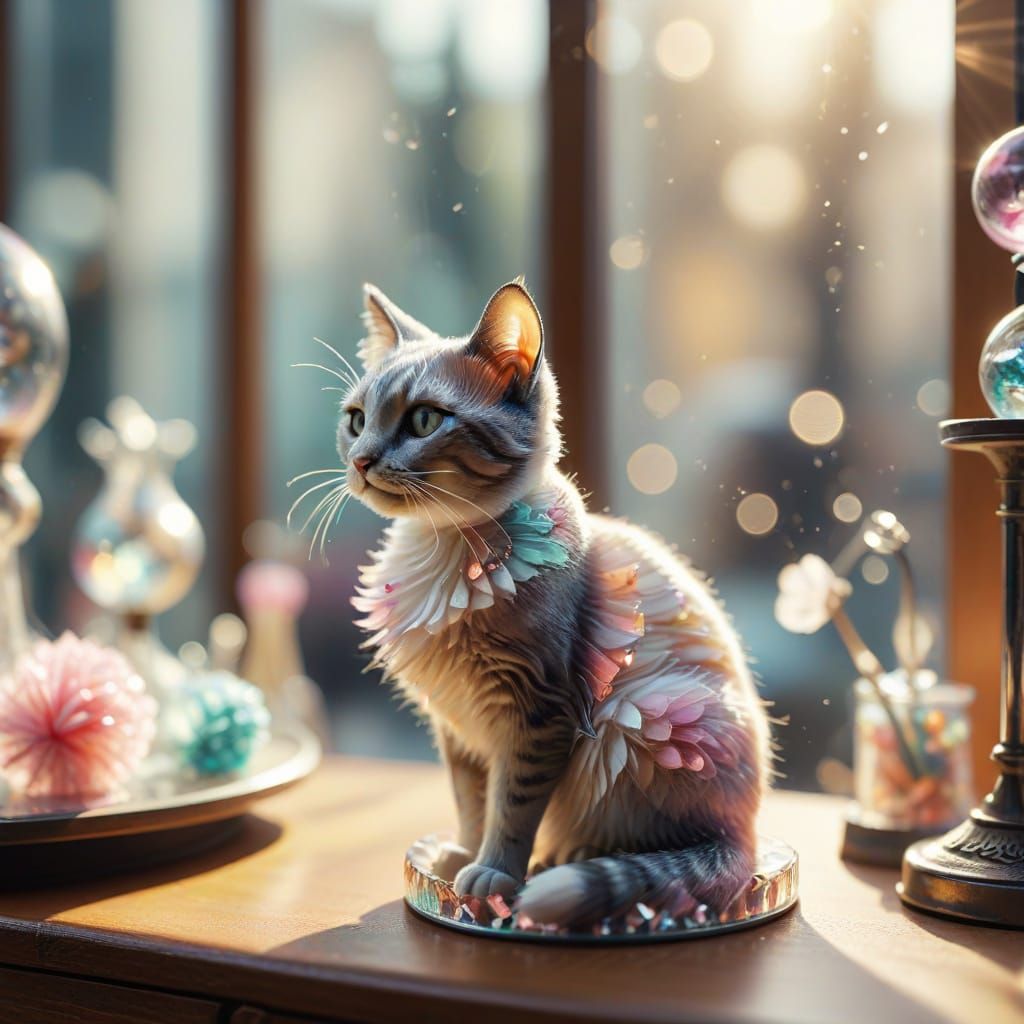 Miniature Cat on Pin Head in Glass Case