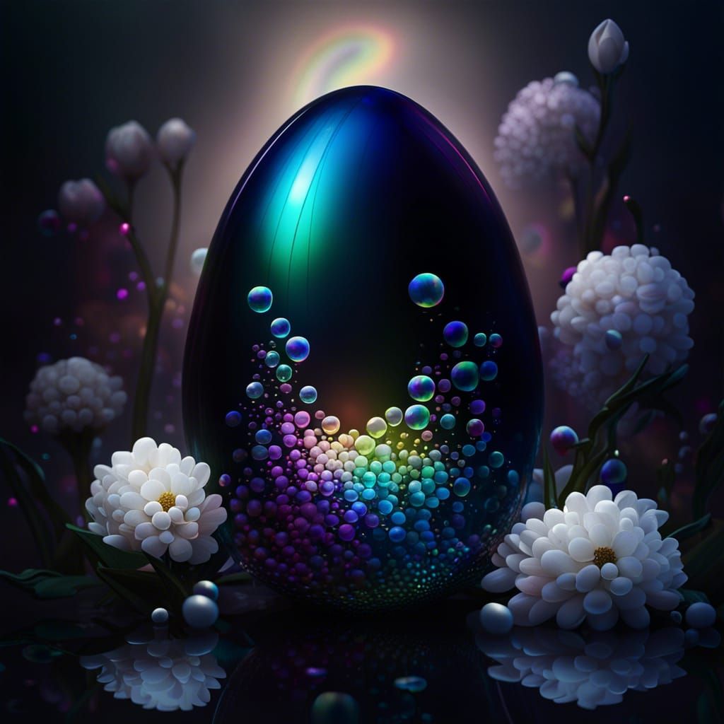 Glass Egg Portrait with Iridescent Bubbles and Flowers