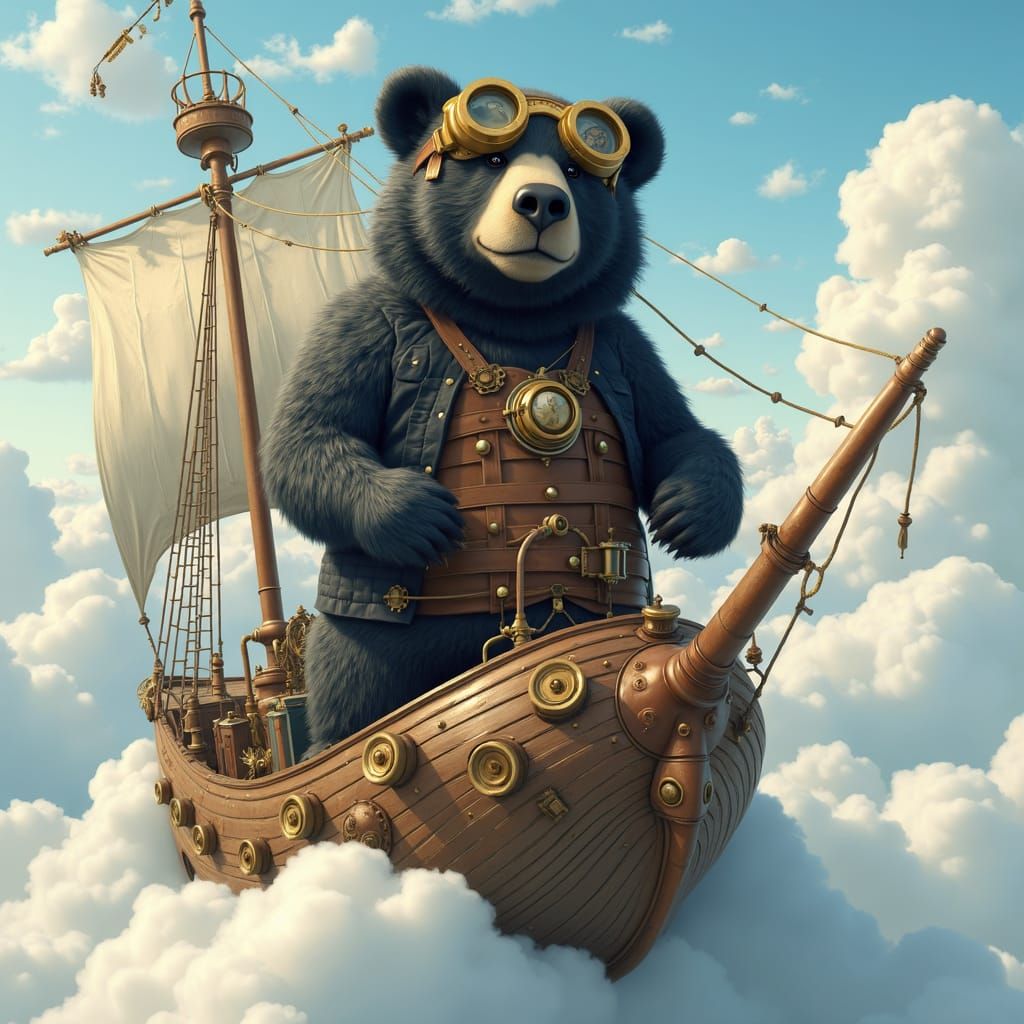 Steampunk Pirate Bear on Airship, Industrial Fantasy