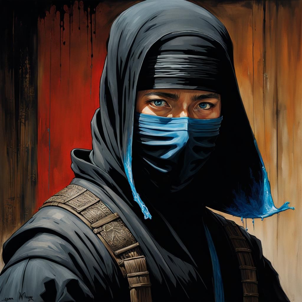 Hyperrealistic Ninja with Blue Eyes in Dark Room