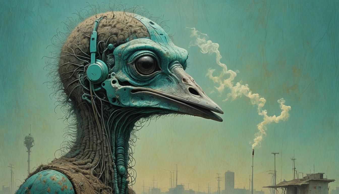 Surreal Ostrich Phone Device in Dark Surrealist Style