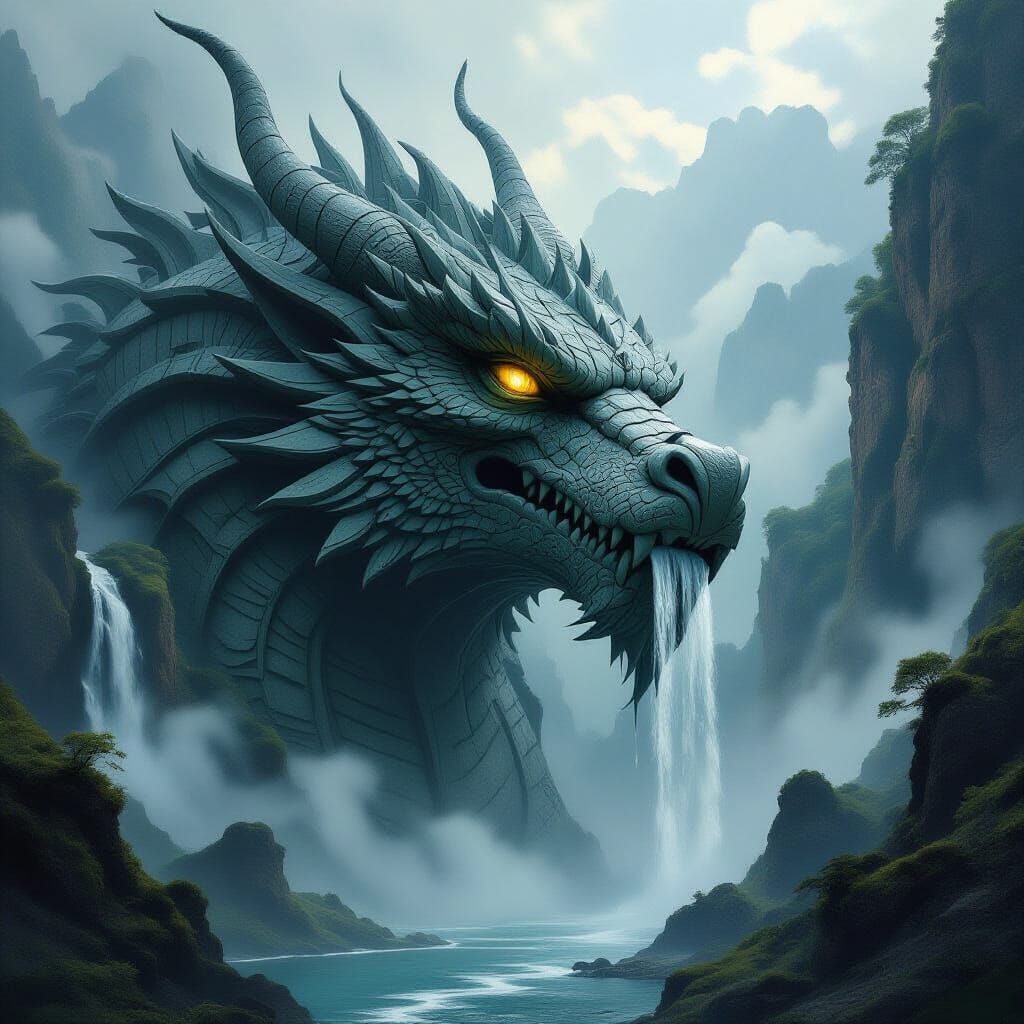 Ancient Stone Dragon Head in Misty Valley, Art Nouveau Style