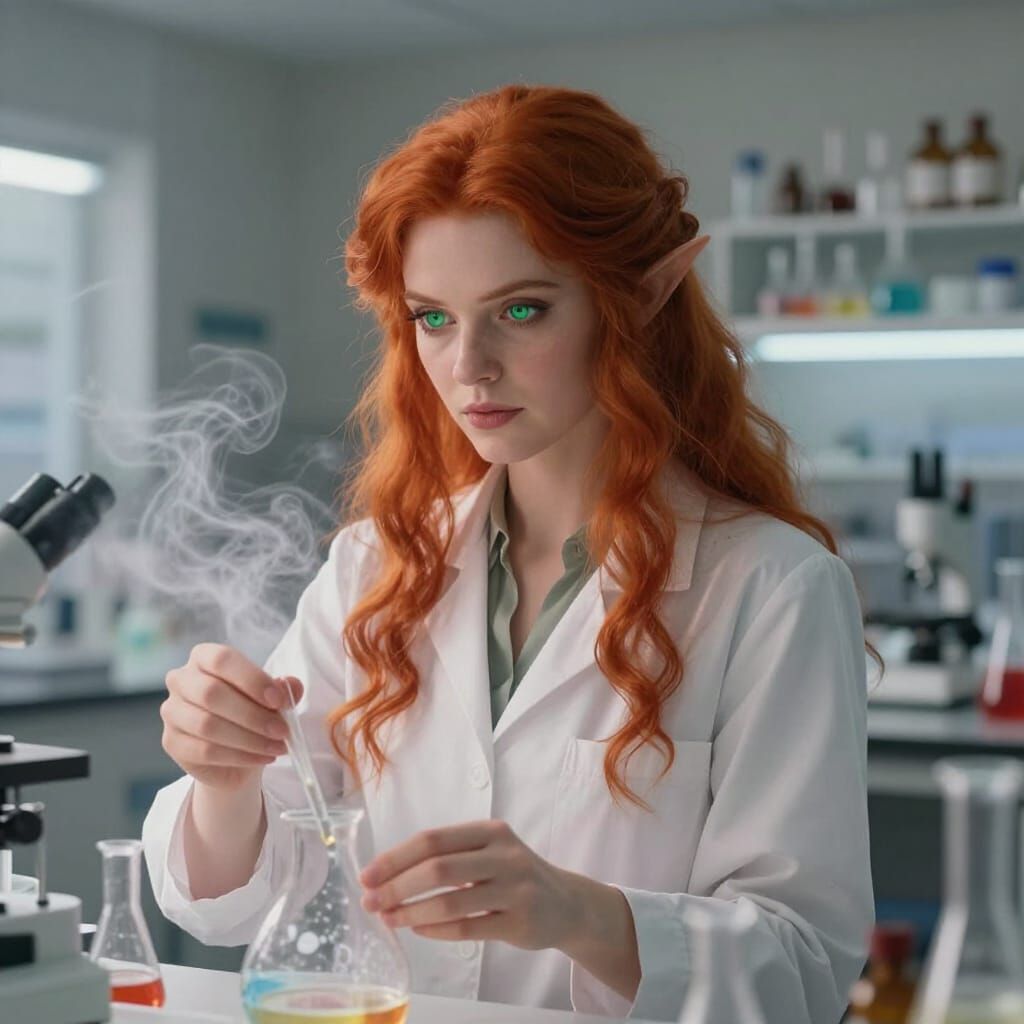 Elven Professor Conducts Experiments in Luminous Lab