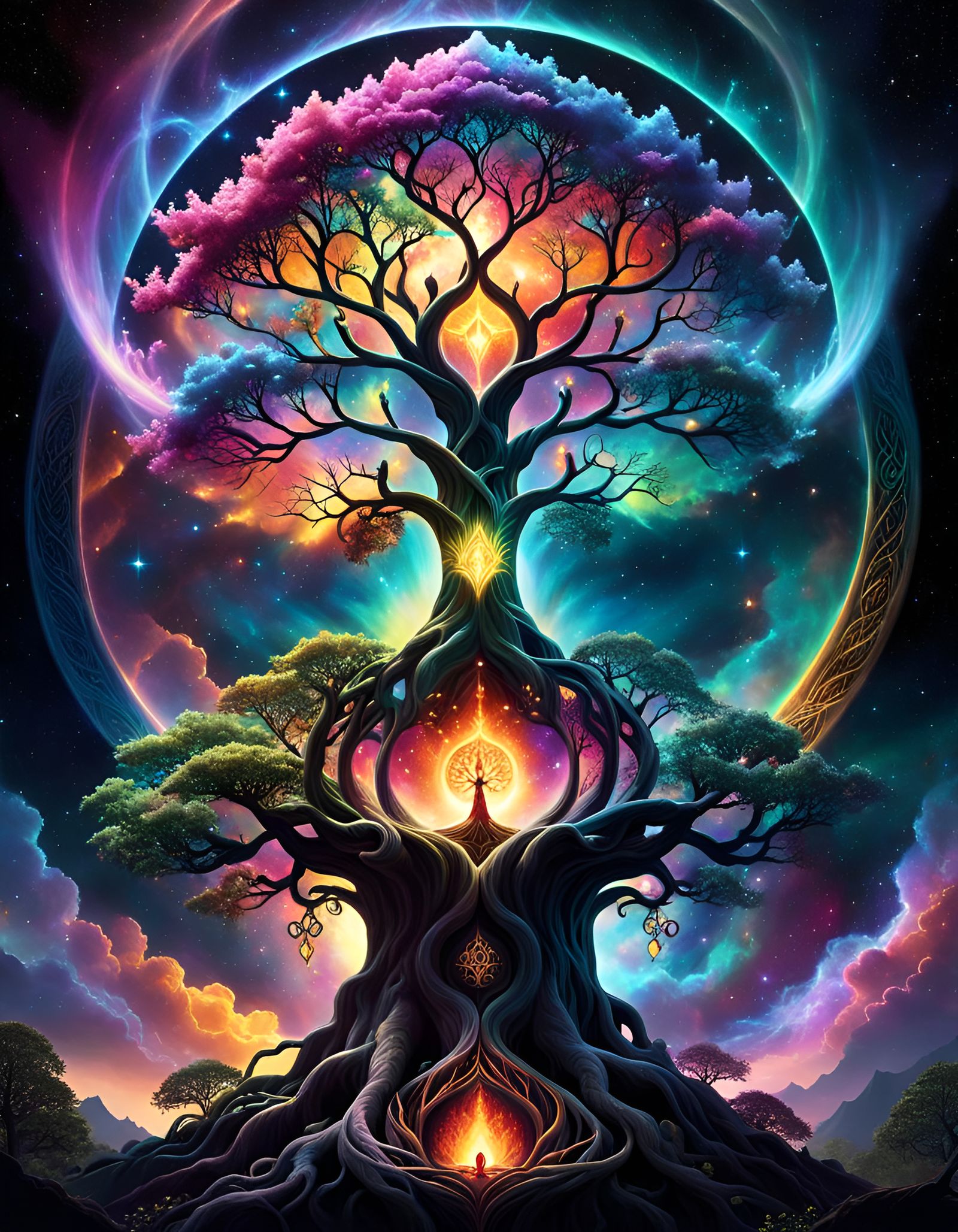 Fantasy Elf with Tree of Life Nebulae in 3D Animation