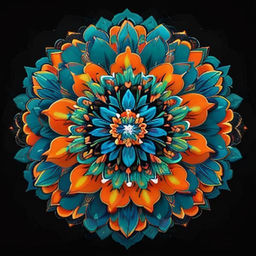 Psychedelic Mandala: Colorful Flower on Black, Digital Art