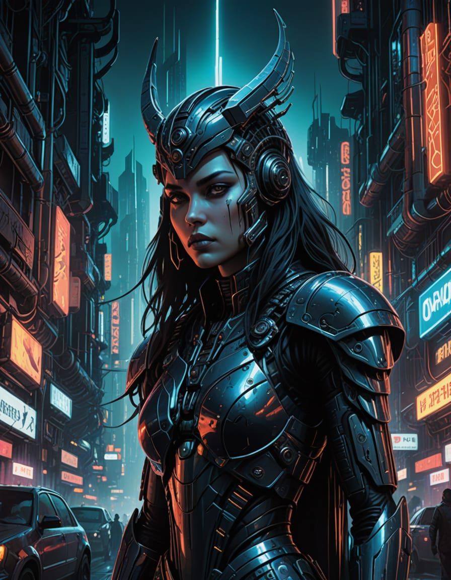 Ethereal Cyberpunk Warrior-Priestess in Neon-Lit Dystopia