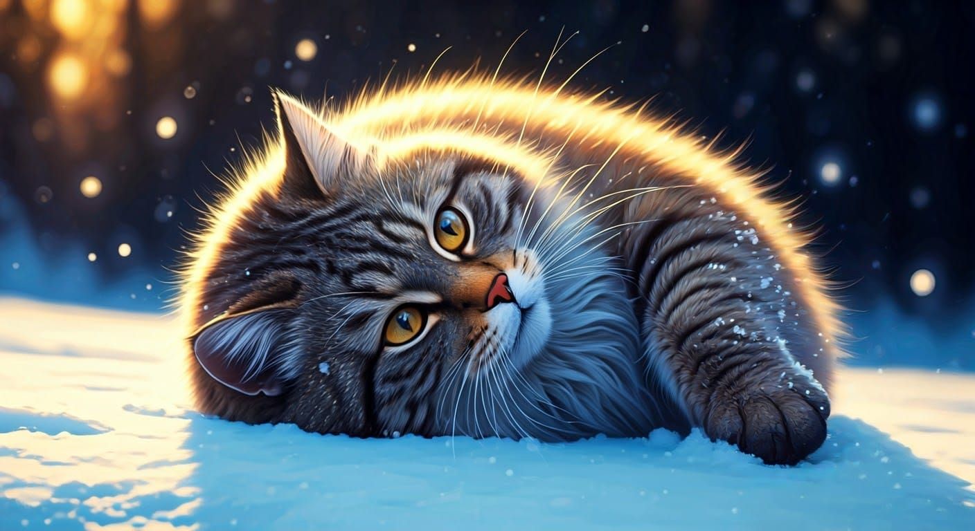 Majestic Cat Rolls in Snow: Hyperrealistic Digital Art
