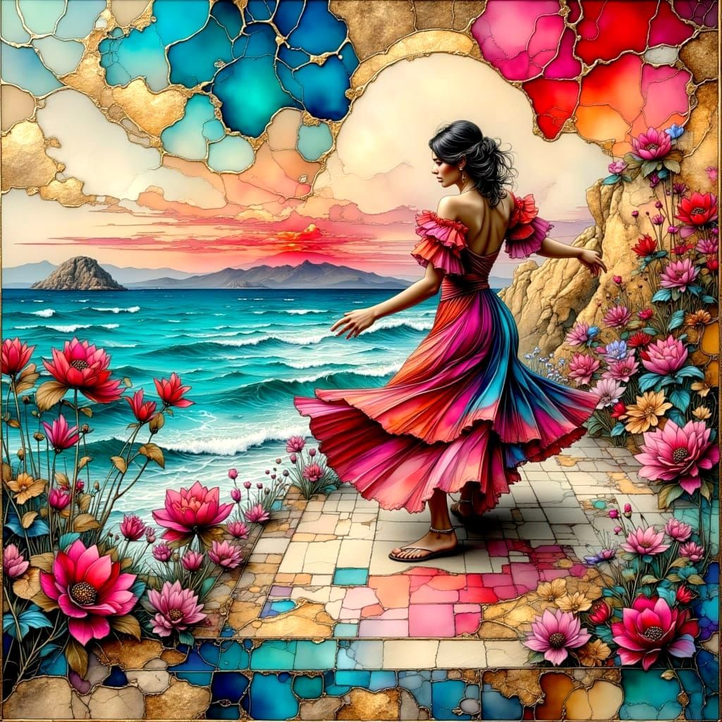 Vibrant Rooftop Coastal View in Metallic Style