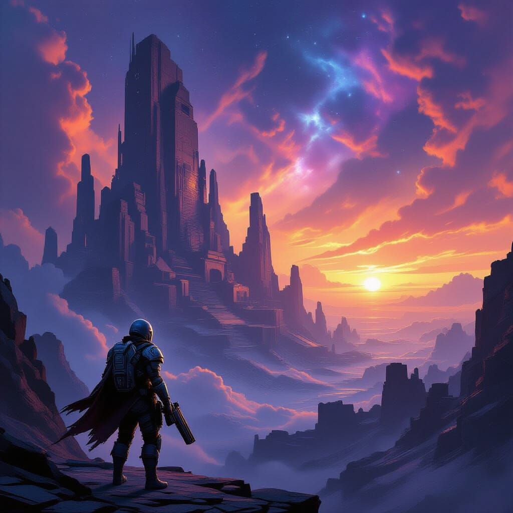 Lone Soldier on Hovering City Ruins in Nebula