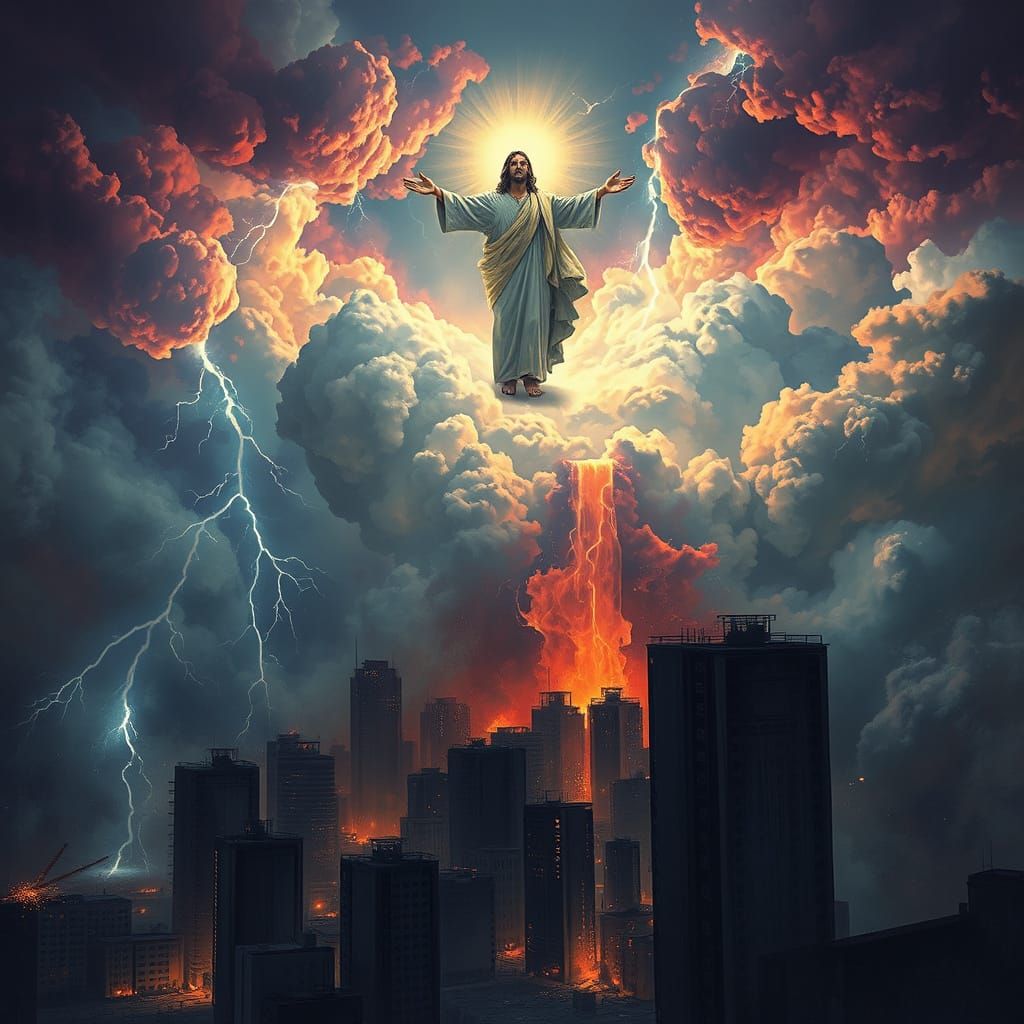 Jesus Descends in a Stormy Cityscape