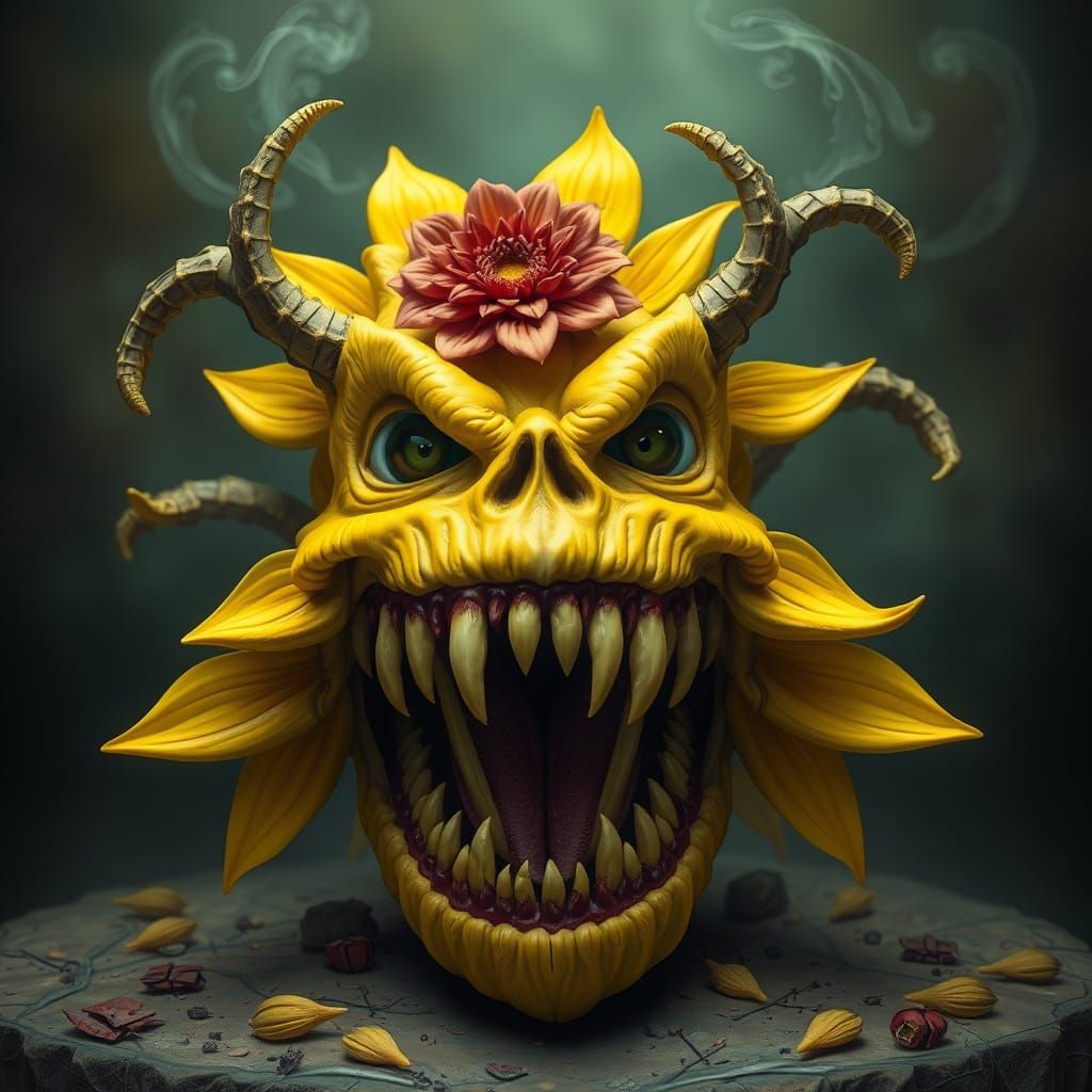 Surreal Yellow Flower Monster with Horror Tooth
