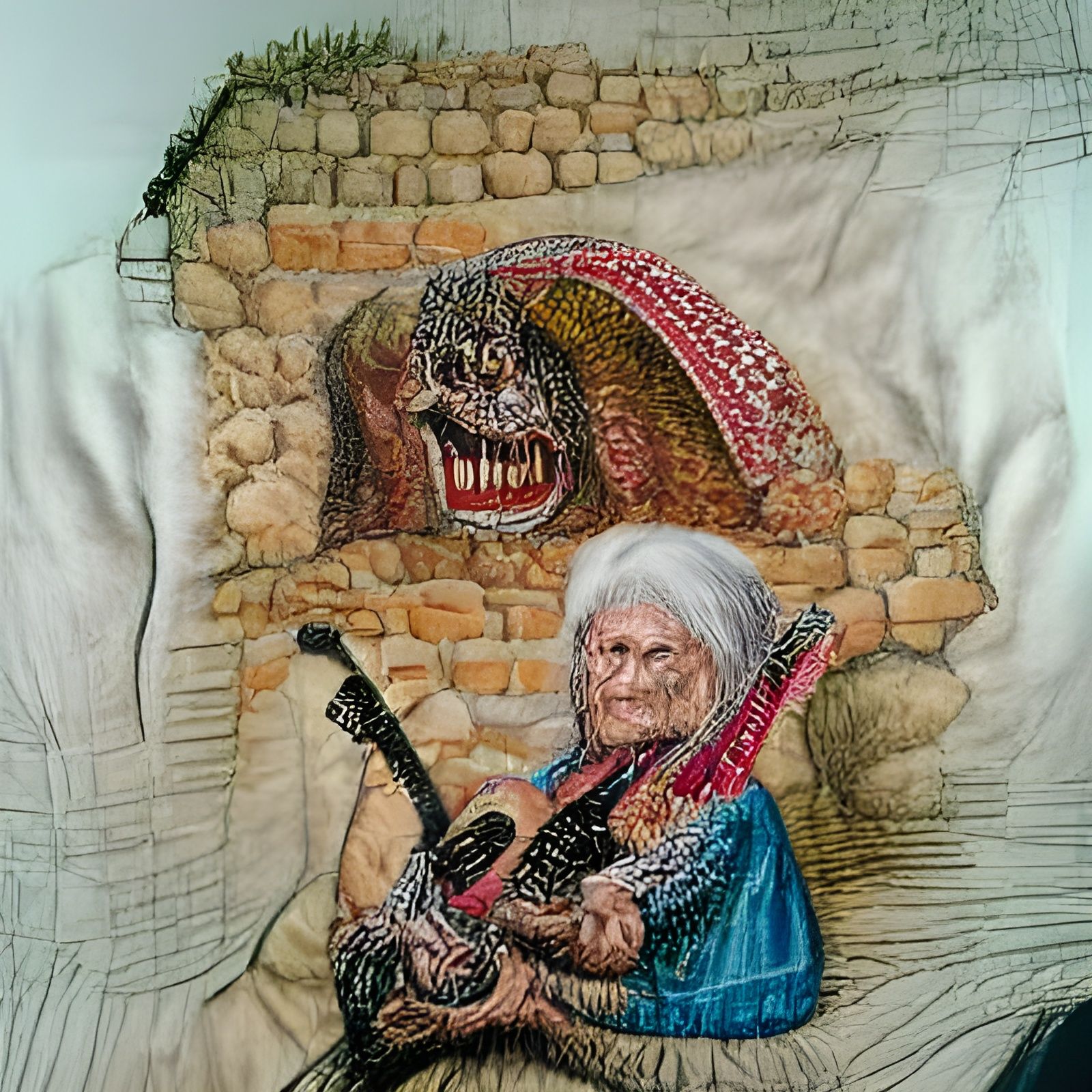 Old Woman Headbanging at Metal Gig in Pencil Drawing