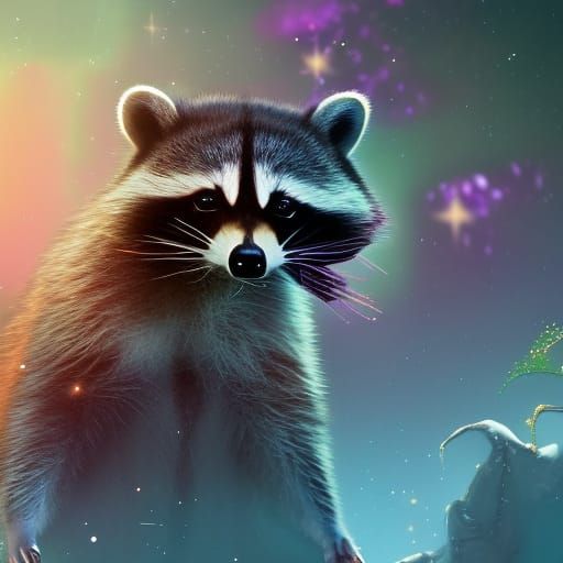 Cute Raccoon on Sparkly Background: Fantasy Concept Art