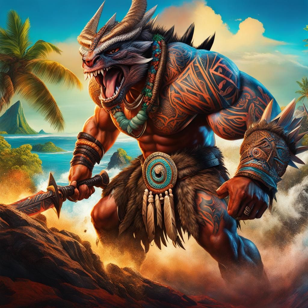 Polynesian Monster Hunter, with tattoos in a tribal style, wearing the head of a monster he slain as a mask