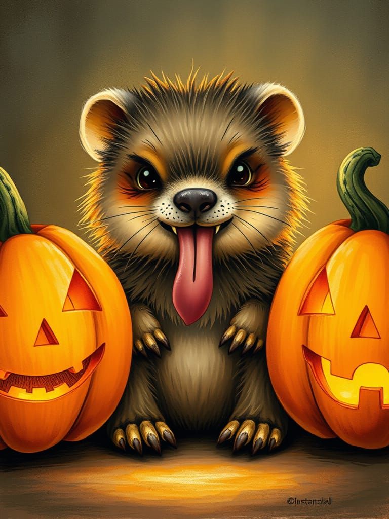 Rock Hyrax With Tongue Out Between Jack-o'-Lanterns