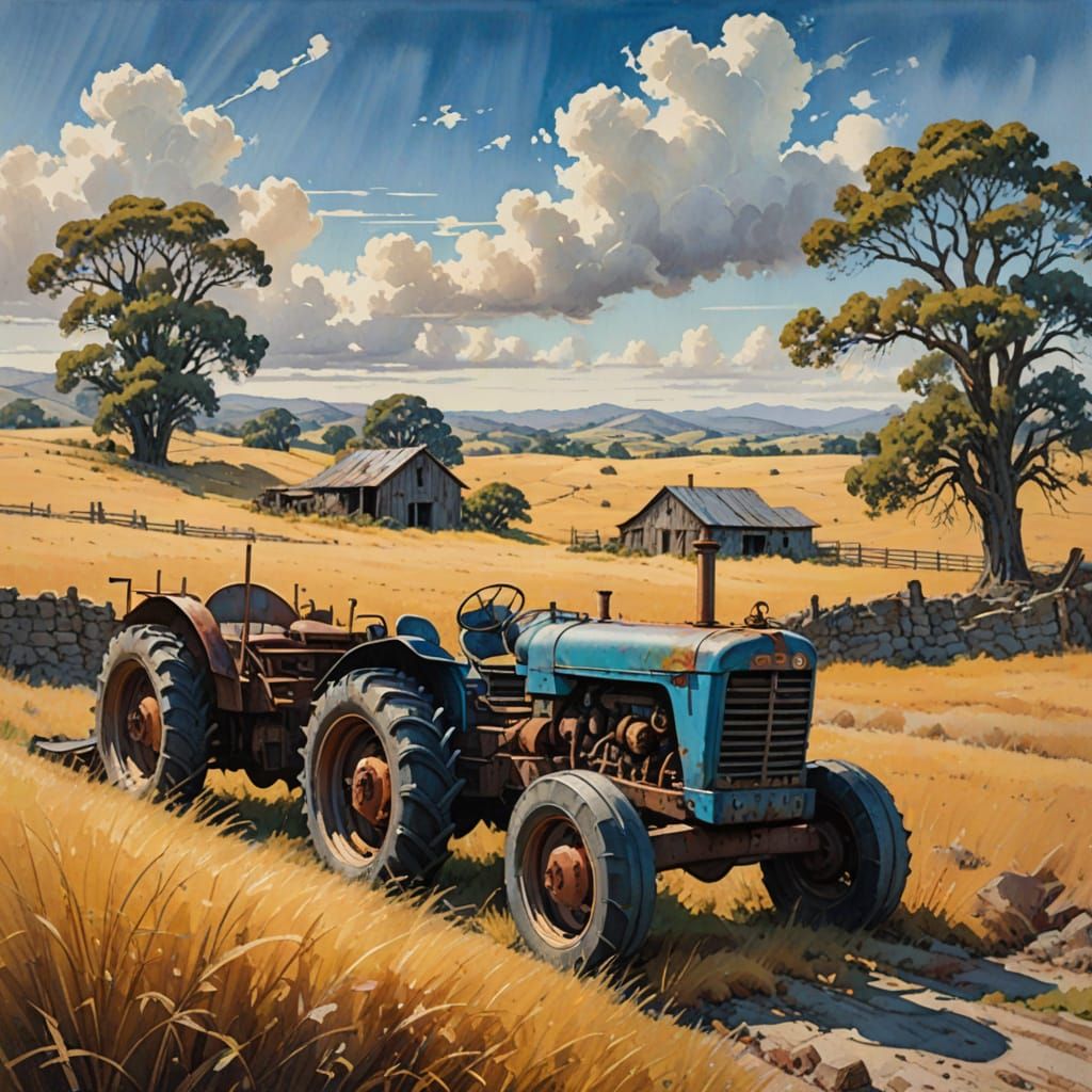 California Impressionist Masterpiece with Golden Hills and D...