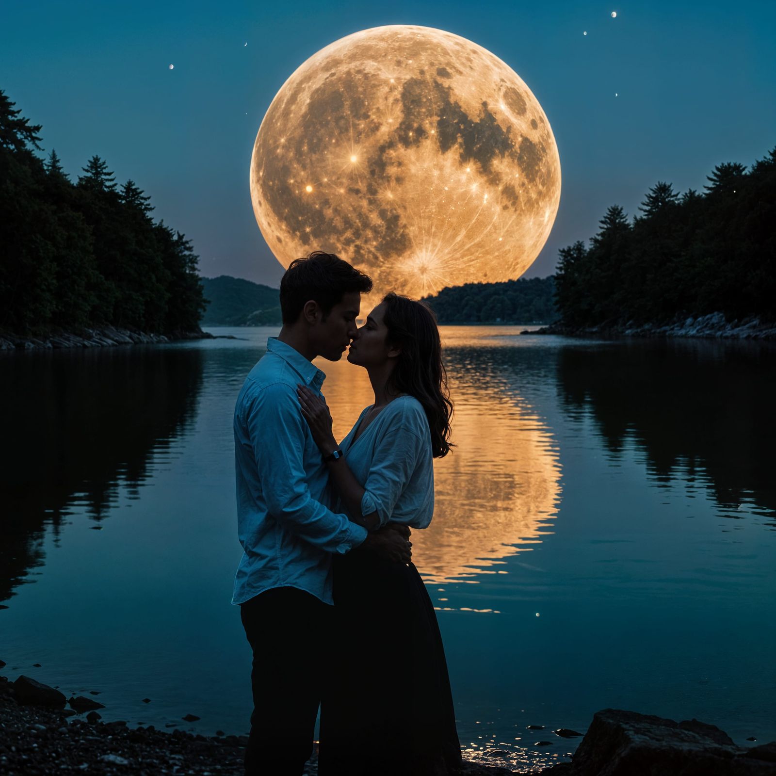 Romantic Couple Kissing in Moonlight