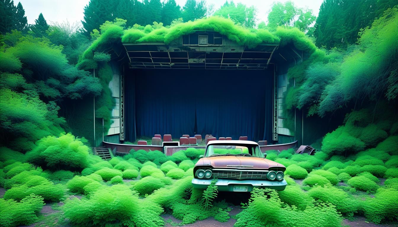 Abandoned Cinema with Vintage Car: Horror Illustration