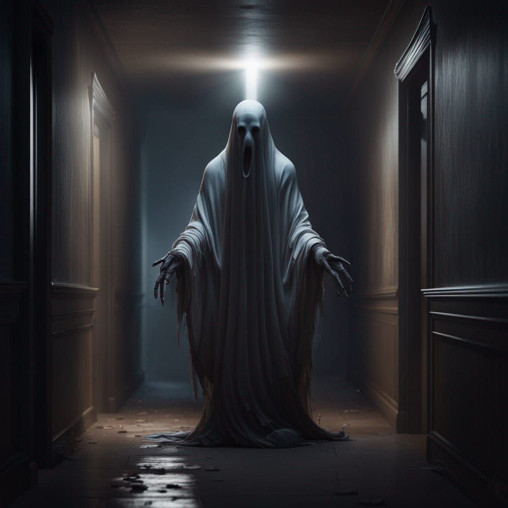 Headless Ghost in Dark Hallway: Photorealistic Render