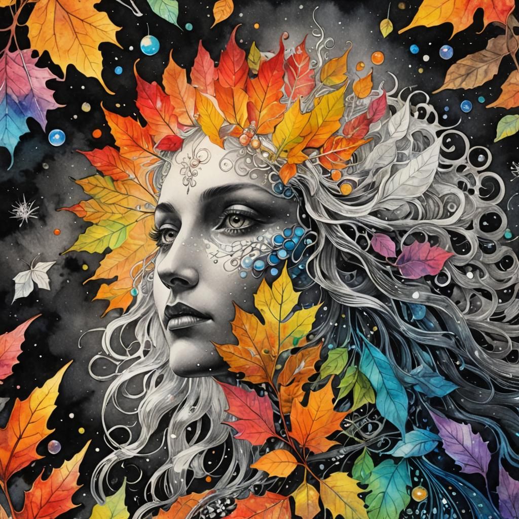 Dreamer in Surreal Autumn, Ink and Watercolor Style