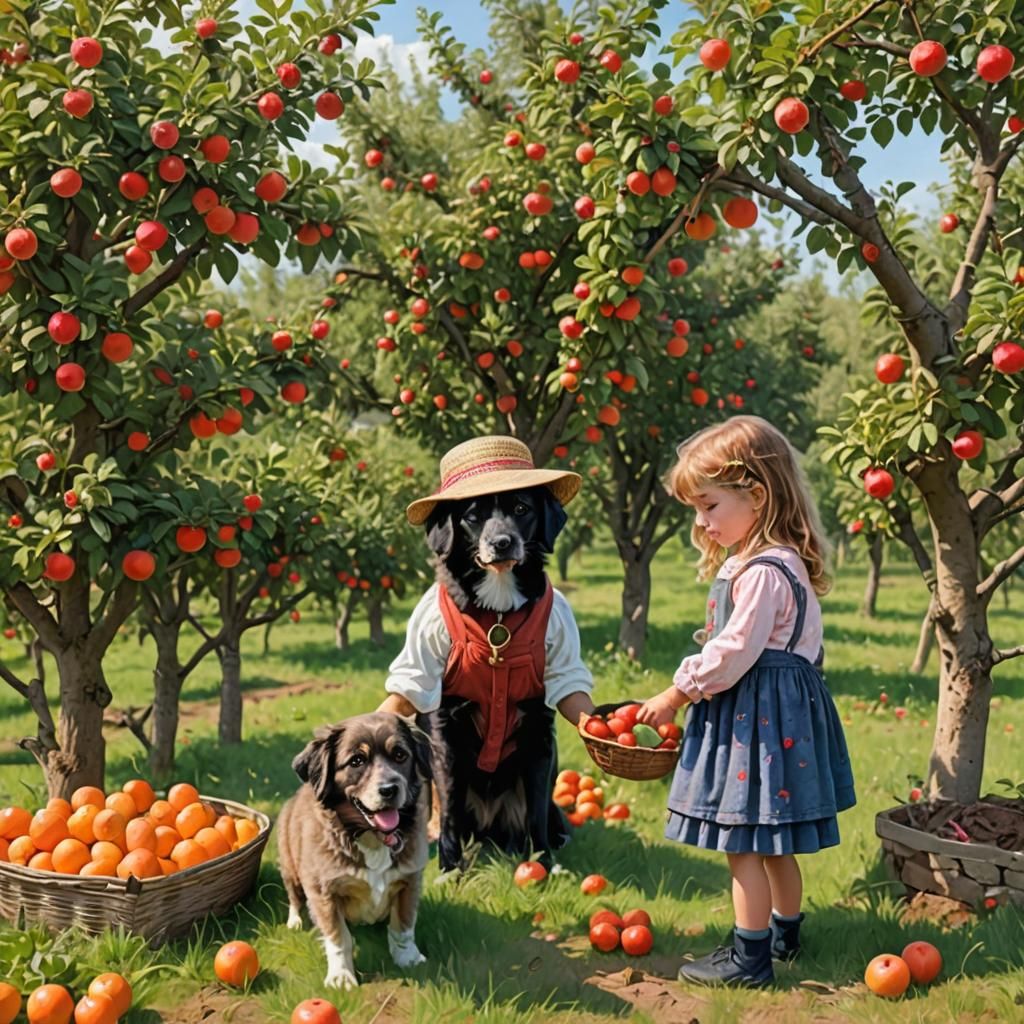 Idyllic Orchard Scene with Girl, Dog and Fruit