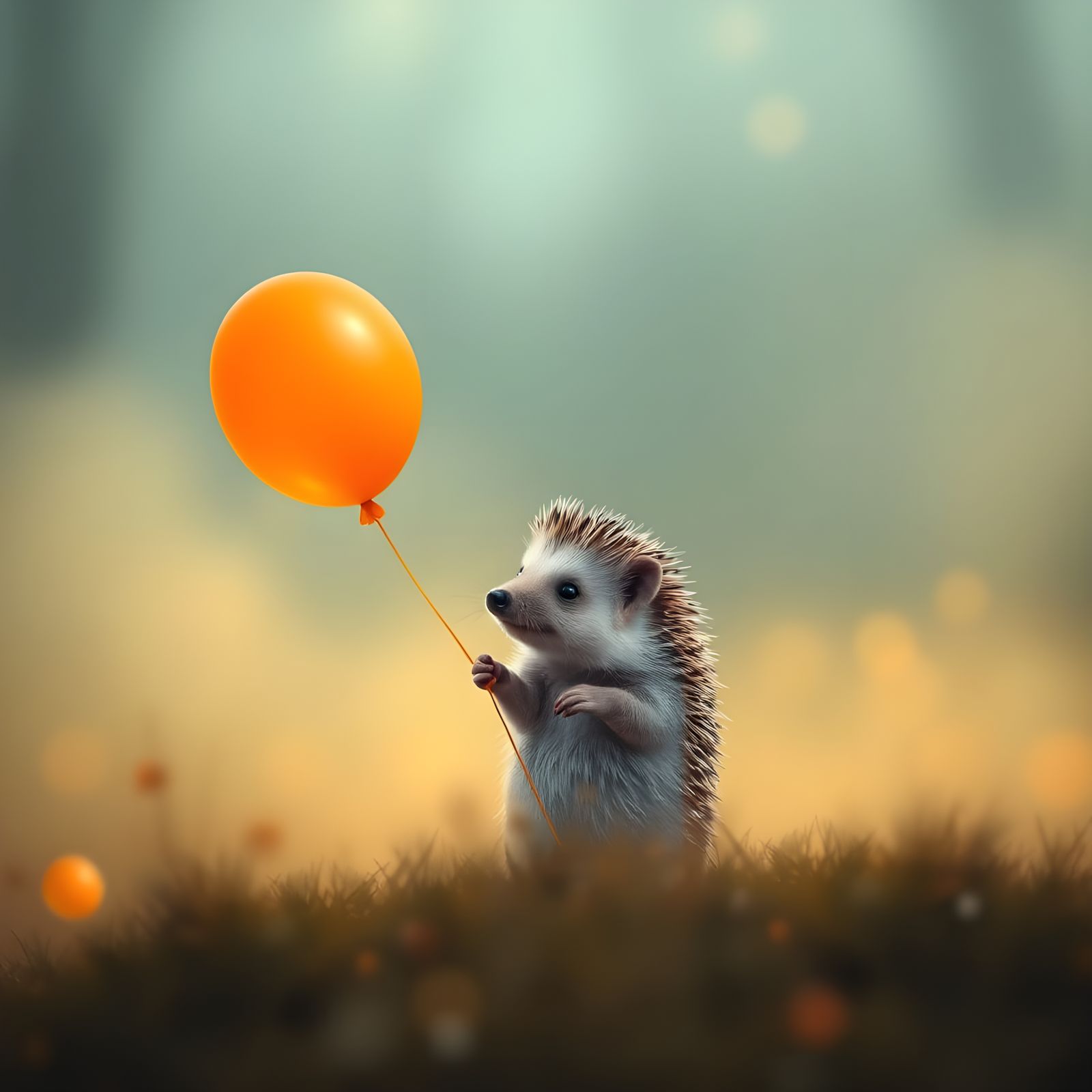 cute  hedgehog in the mist holding orange balloon
