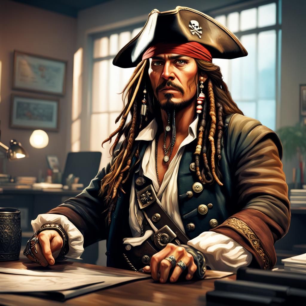 Pirate Captain Sparrow in Modern Office, Hyperrealistic Art