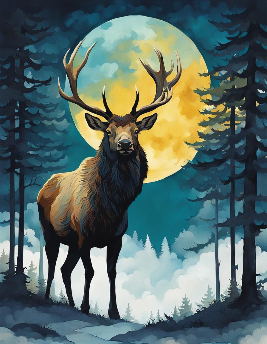 Majestic Elk in Moonlit Forest: Abstract Art