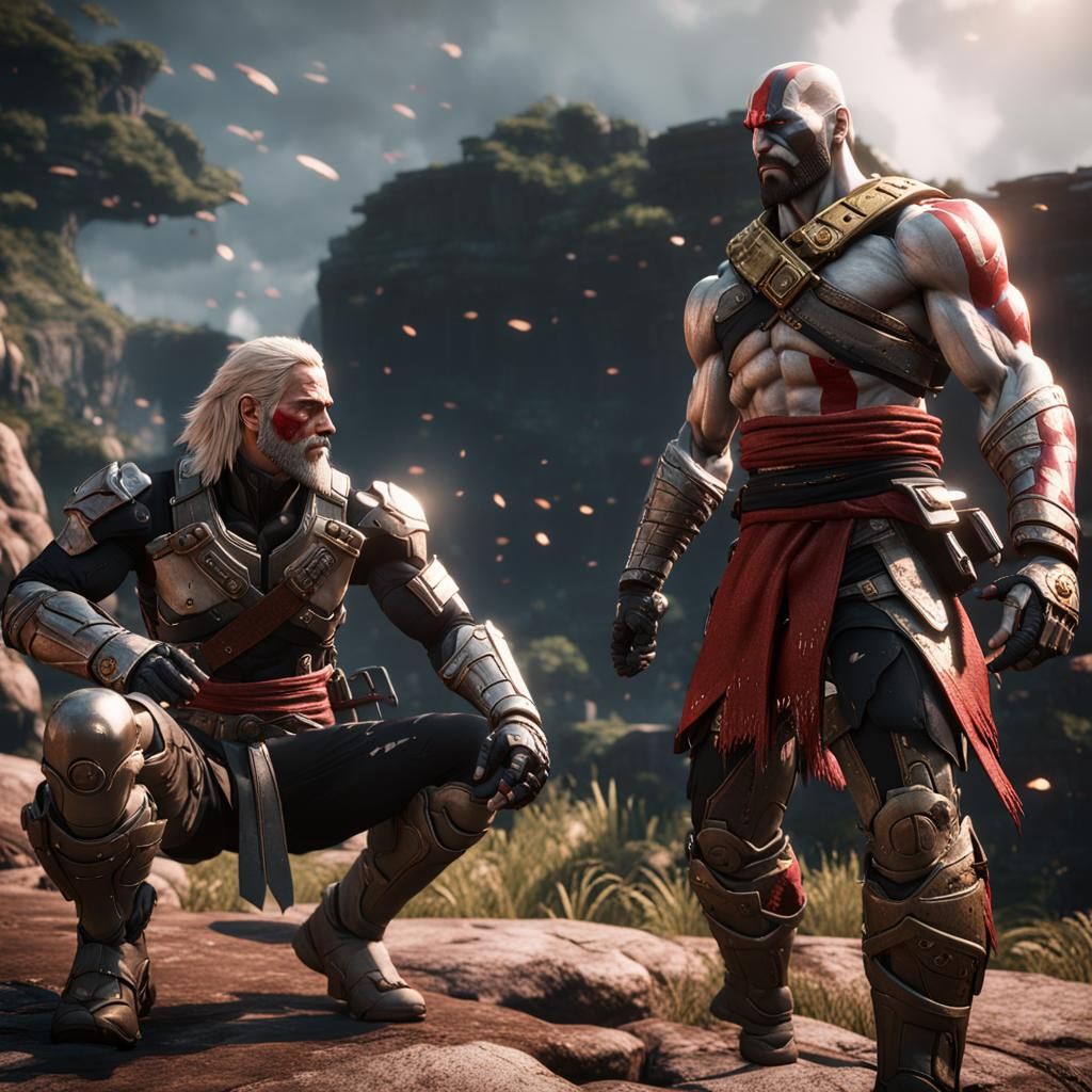 Metal Gear Raiden and Kratos: 3D Game Scene