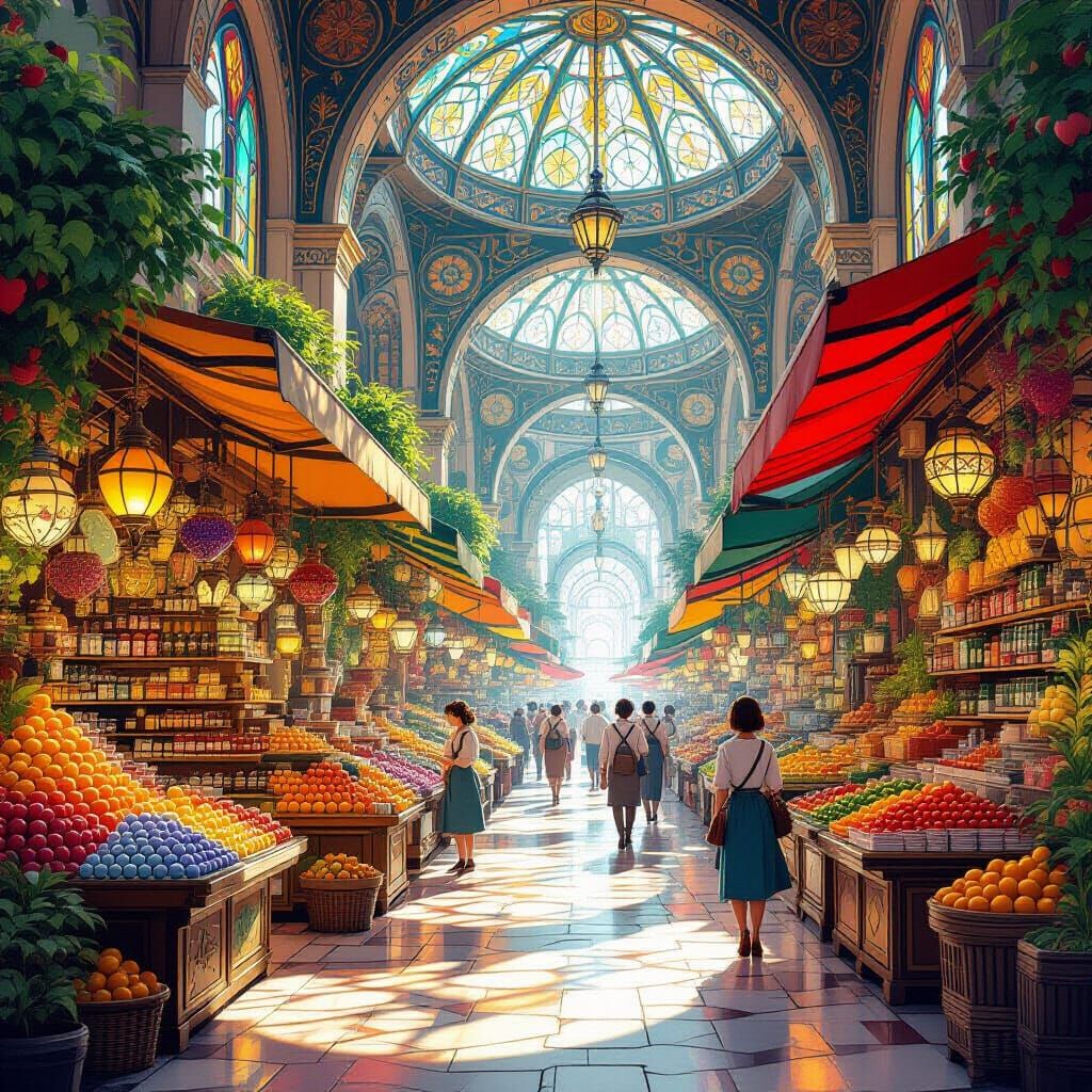 Fantasy City Marketplace in Studio Ghibli Style