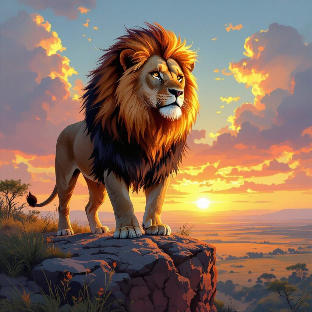 Fiery Lion Overlooking Savanna, Digital Art