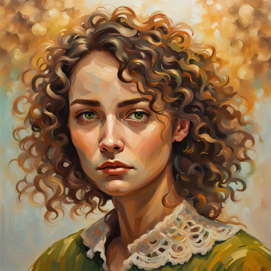 Expressive Portrait of Woman with Green Eyes as Oil Painting