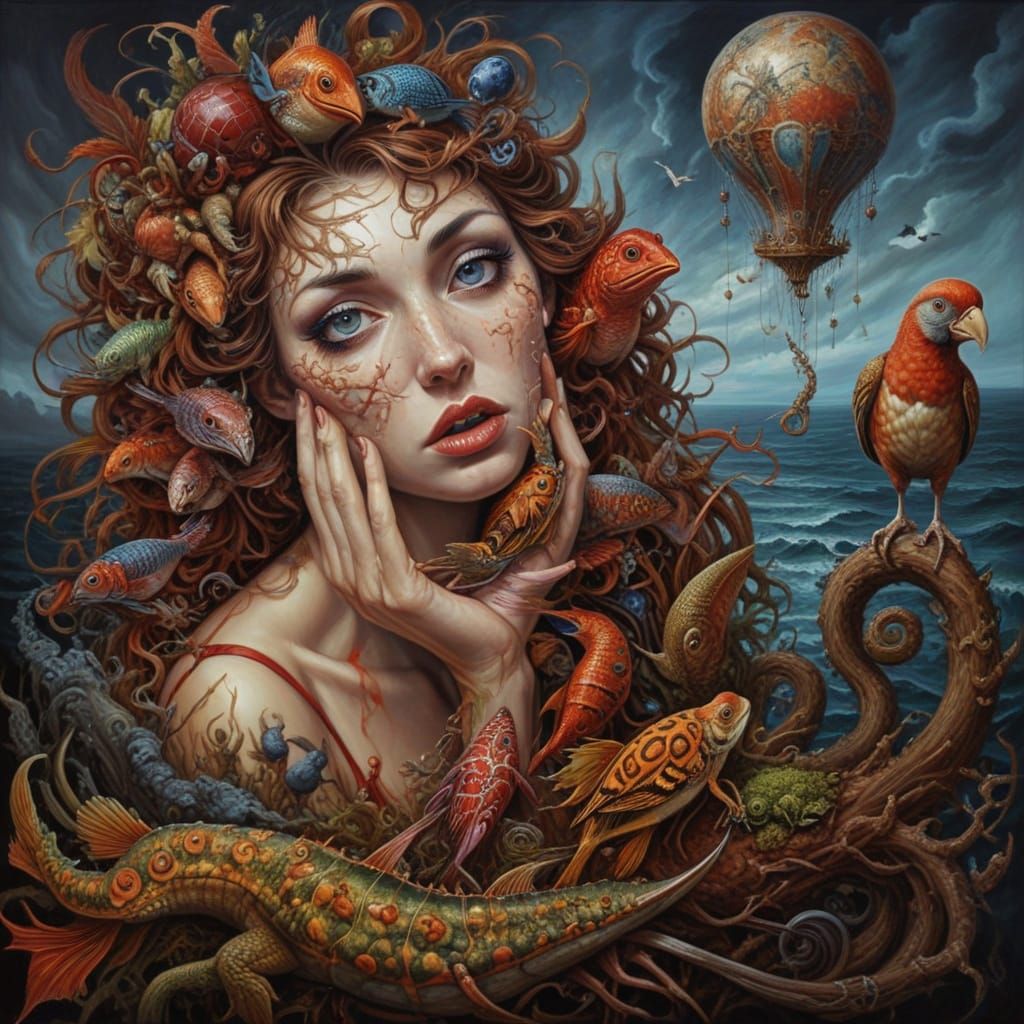 Surreal Oil Painting of Fragmented Identities in Chaos