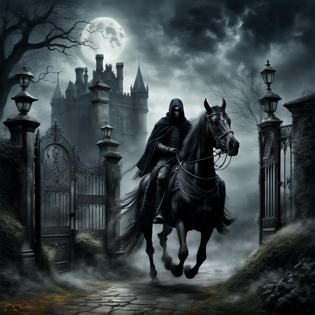 Eerie Black Rider Emerges from Foggy London Mansion