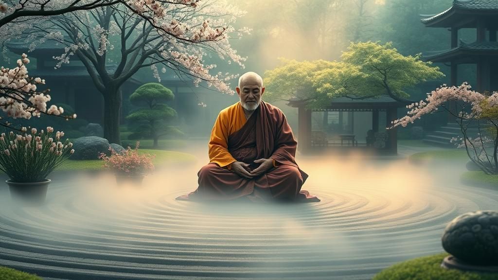Enlightened Monk Meditating in Zen Garden