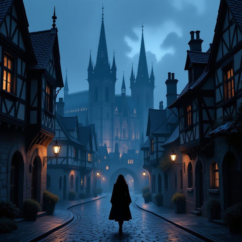 Woman Walks Through Dark Old Town with Gothic Spires