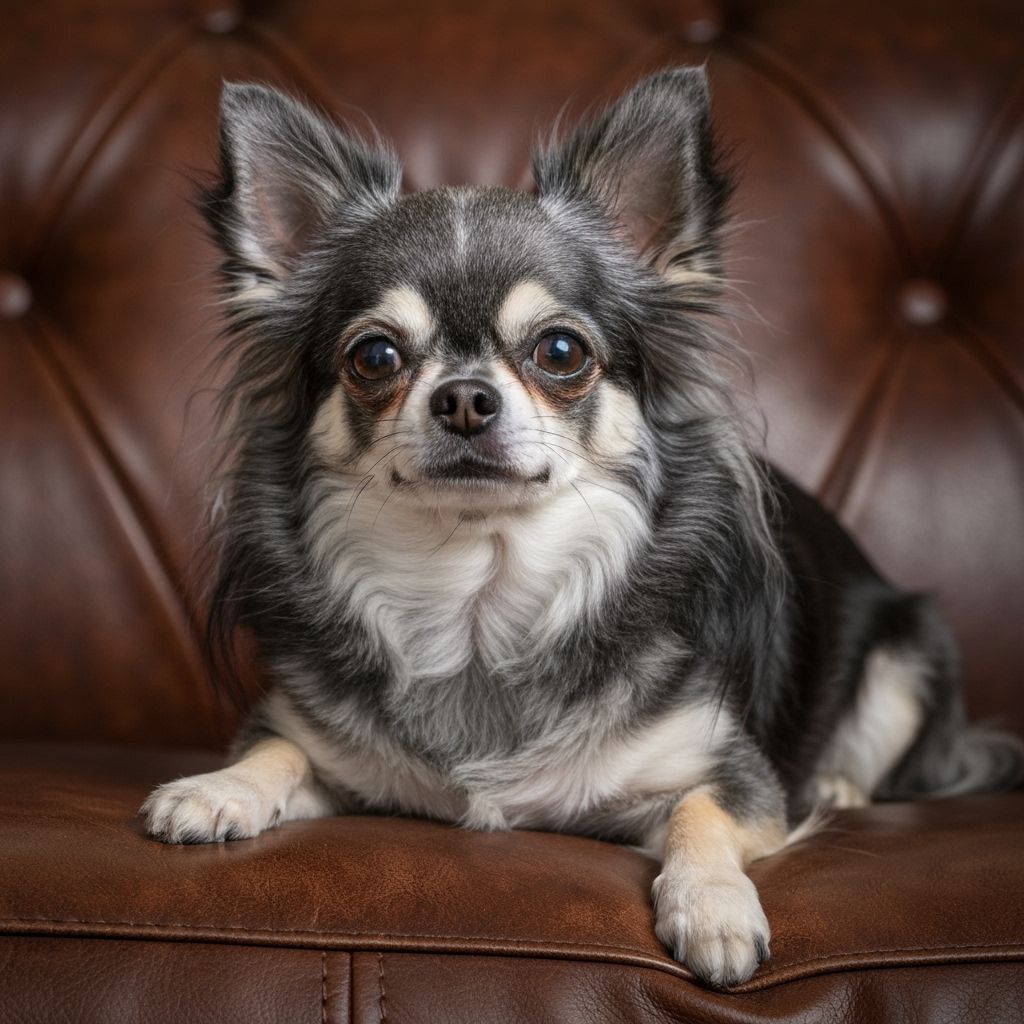 Long Haired Chihuahua Lounging on Leather Couch