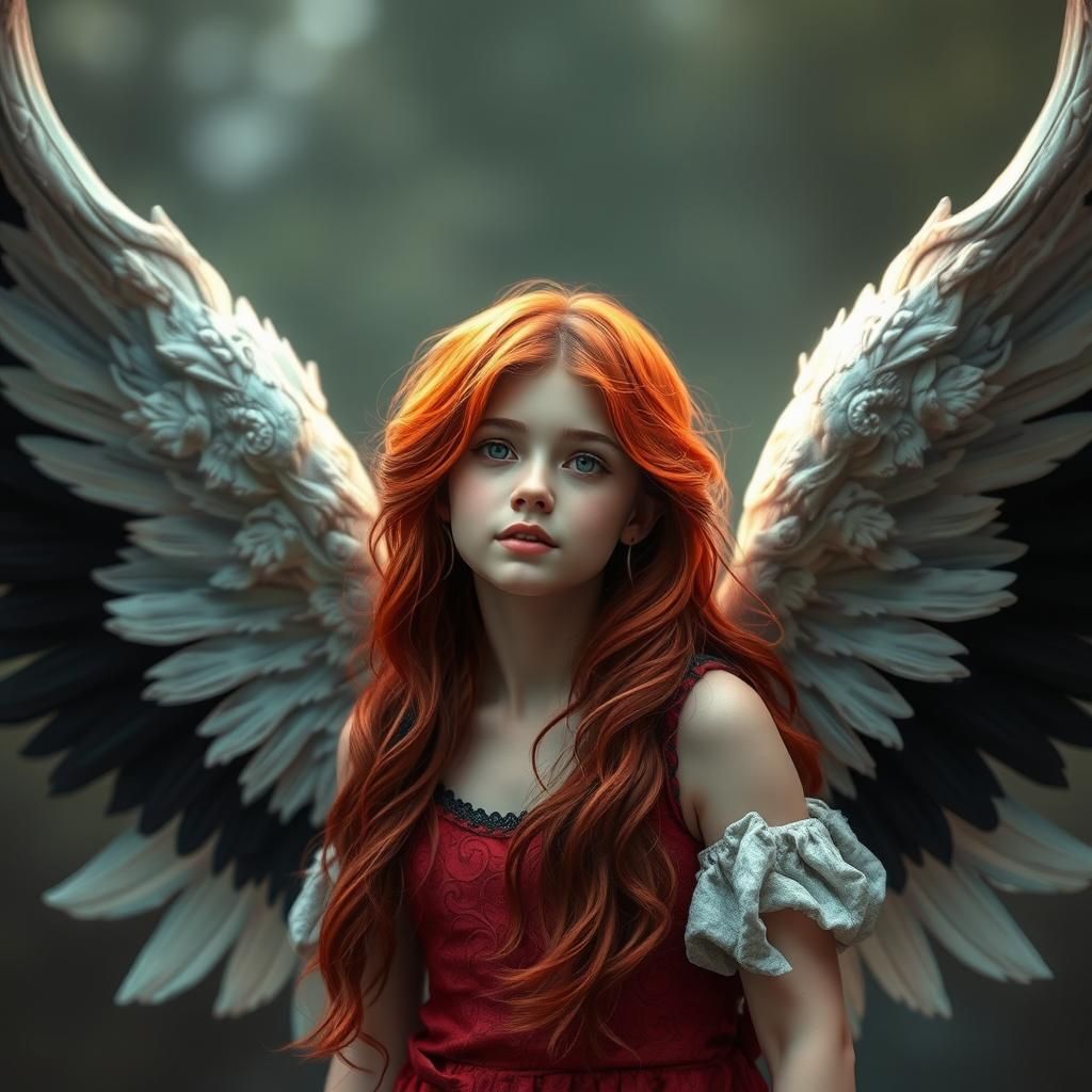 Photorealistic Angel with Black Wings and Red Hair