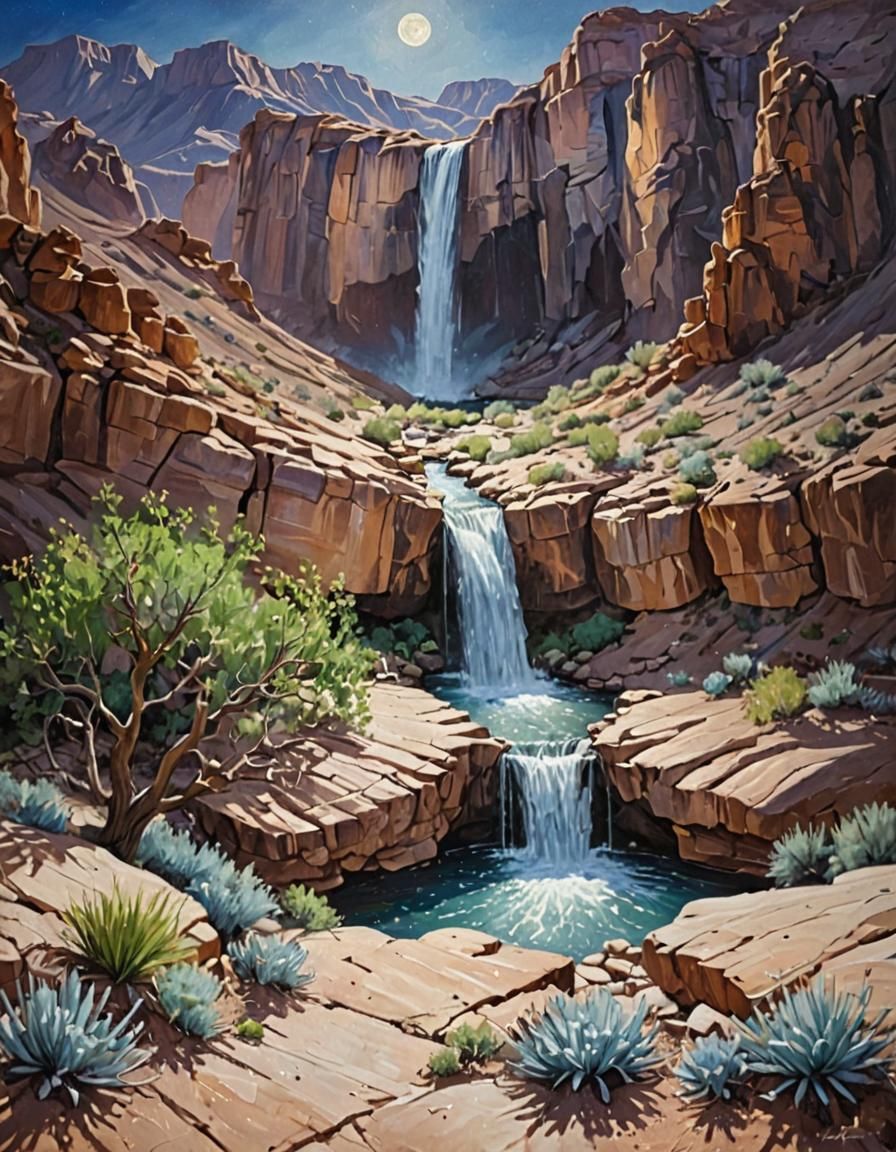 Desert Spring Waterfall Oil Painting at Night