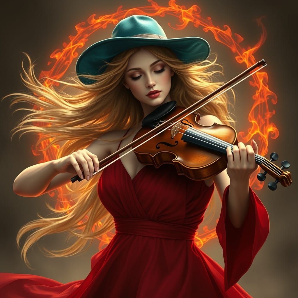 Ethereal Violinist Enveloped by Fiery Flames