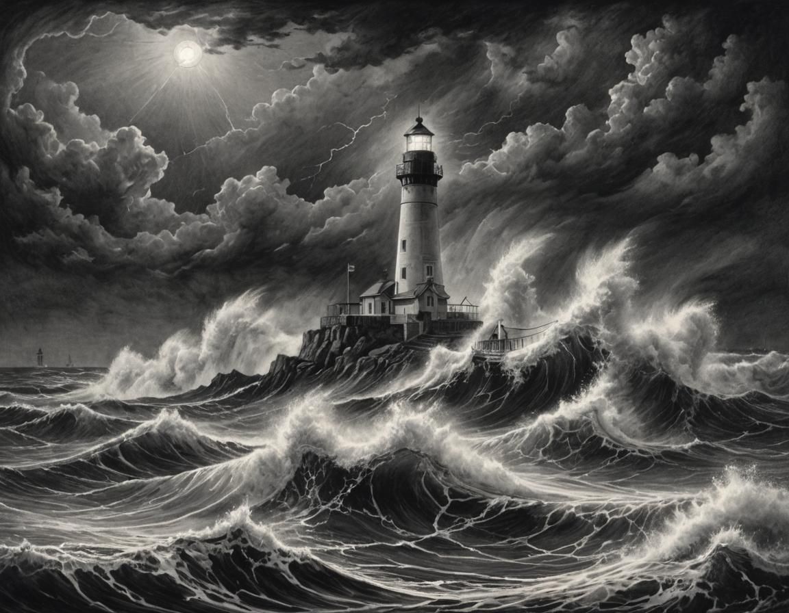 Steamboat in Stormy Seas: Charcoal Drawing