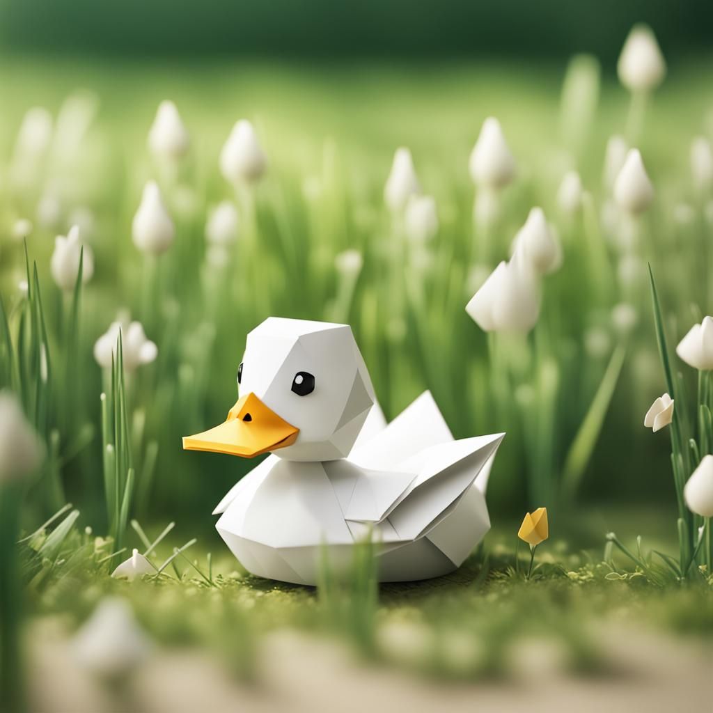 Cute White Duck in Meadow, Origami Papercraft Style